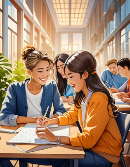 Group of college aged students sitting in desks writing.